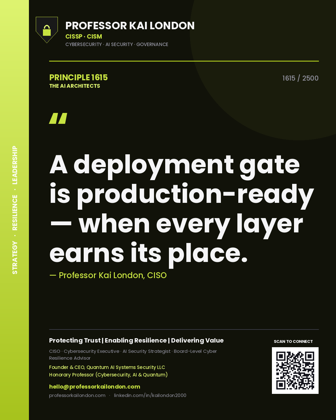 Quote card by Professor Kai London reading 'A deployment gate is production-ready — when every layer earns its place.'. From the book The AI Architects.