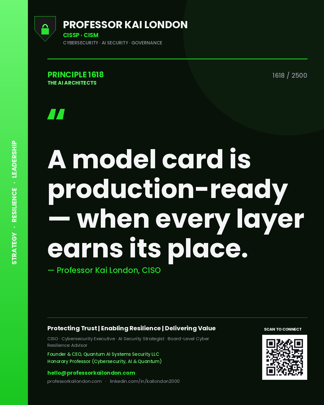 Quote card by Professor Kai London reading 'A model card is production-ready — when every layer earns its place.'. From the book The AI Architects.