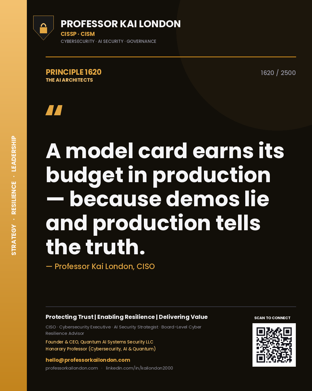 Quote card by Professor Kai London reading 'A model card earns its budget in production — because demos lie and production tells the truth.'. From the book The AI Architects.