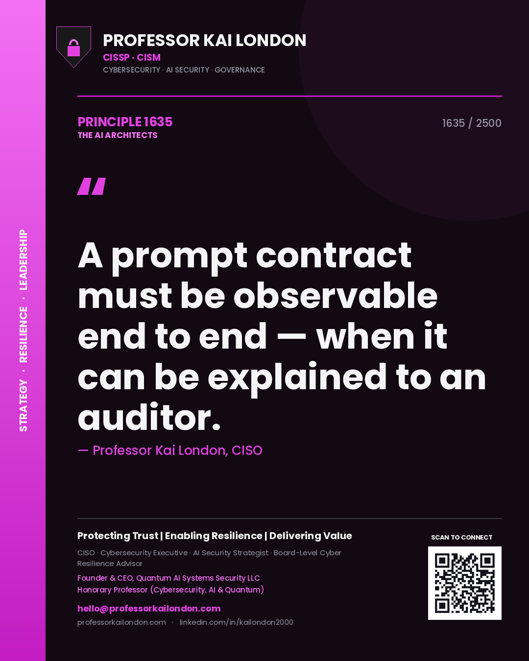Quote card by Professor Kai London reading 'A prompt contract must be observable end to end — when it can be explained to an auditor.'. From the book The AI Architects.