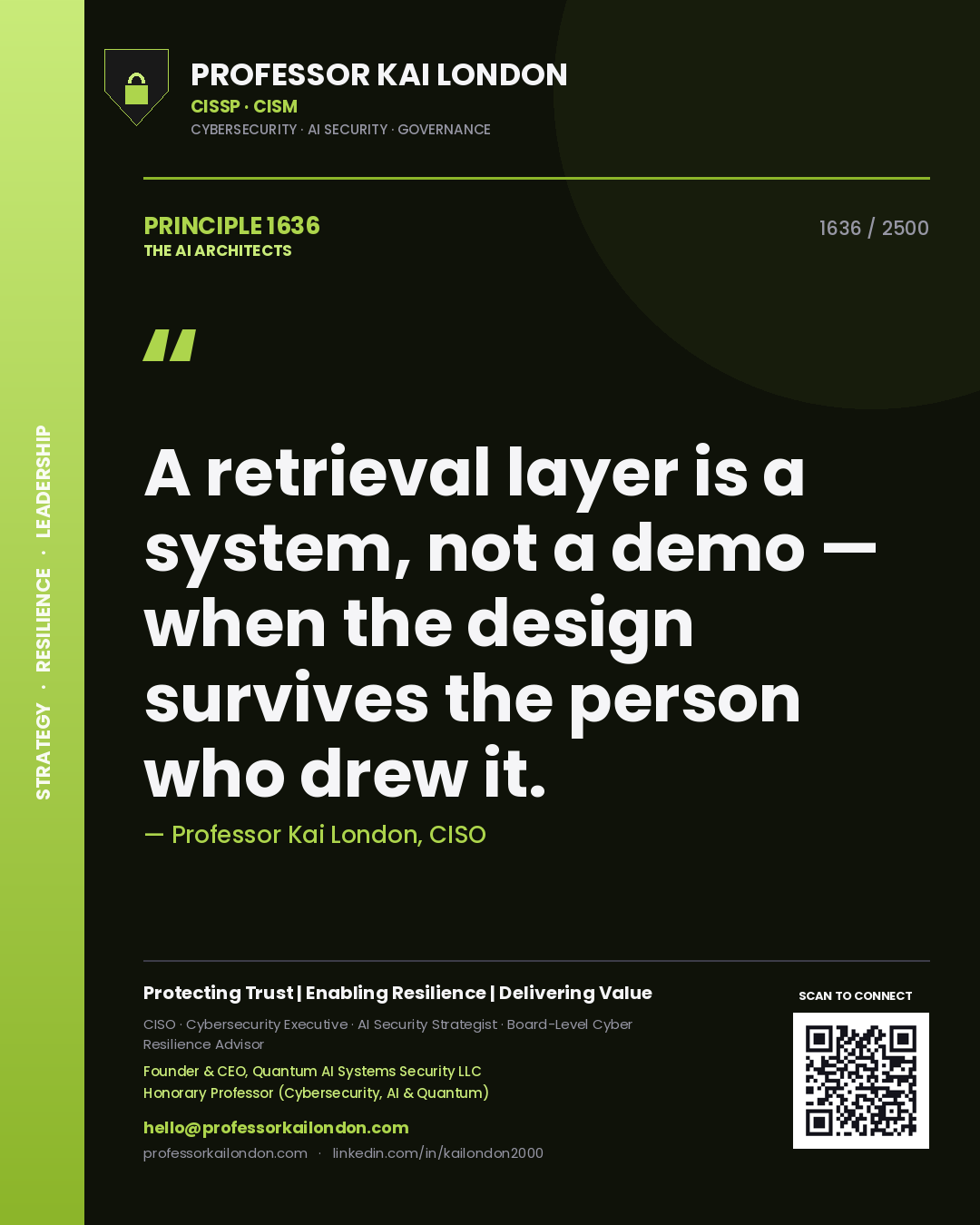 Quote card by Professor Kai London reading 'A retrieval layer is a system, not a demo — when the design survives the person who drew it.'. From the book The AI Architects.