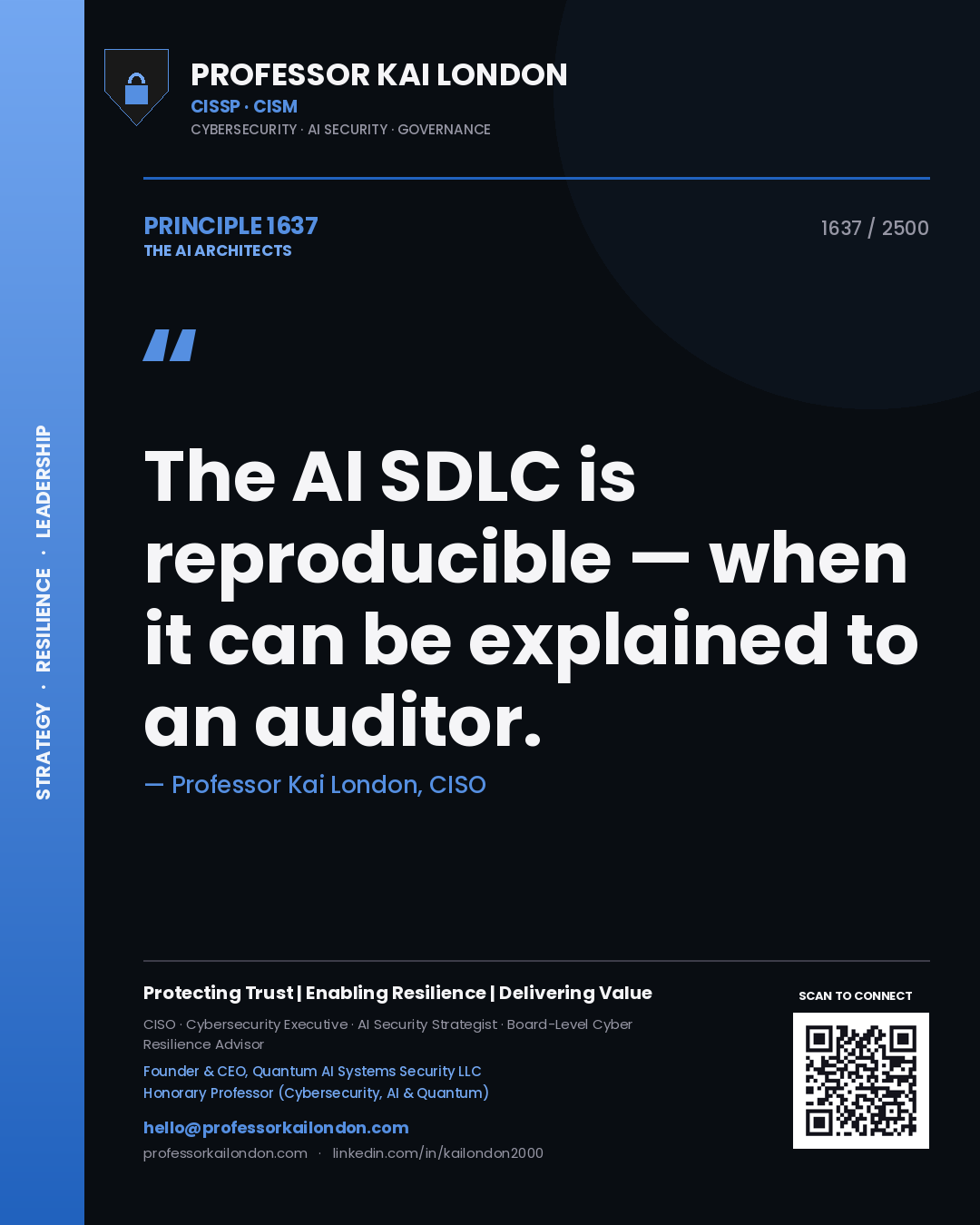 Quote card by Professor Kai London reading 'The AI SDLC is reproducible — when it can be explained to an auditor.'. From the book The AI Architects.