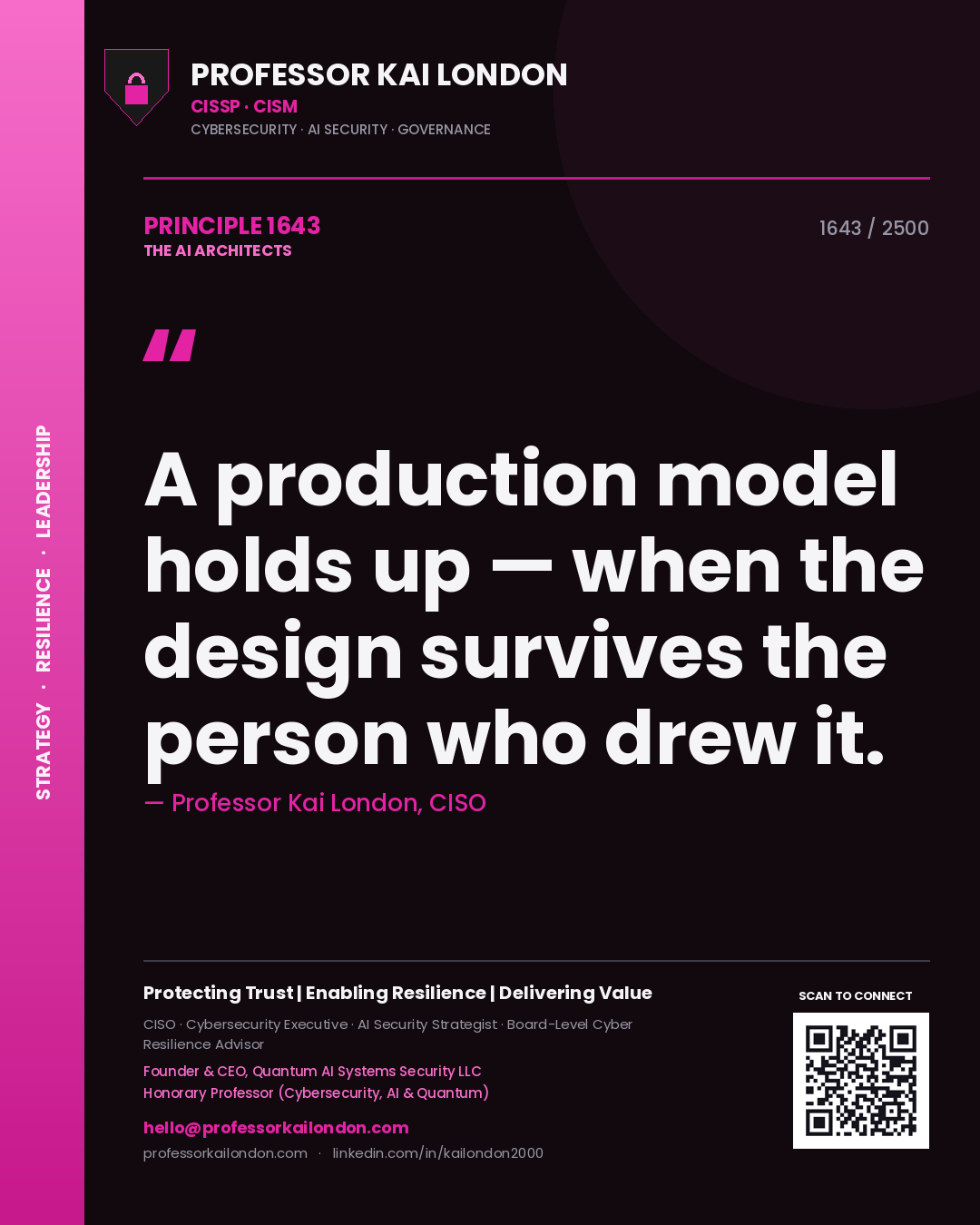 Quote card by Professor Kai London reading 'A production model holds up — when the design survives the person who drew it.'. From the book The AI Architects.