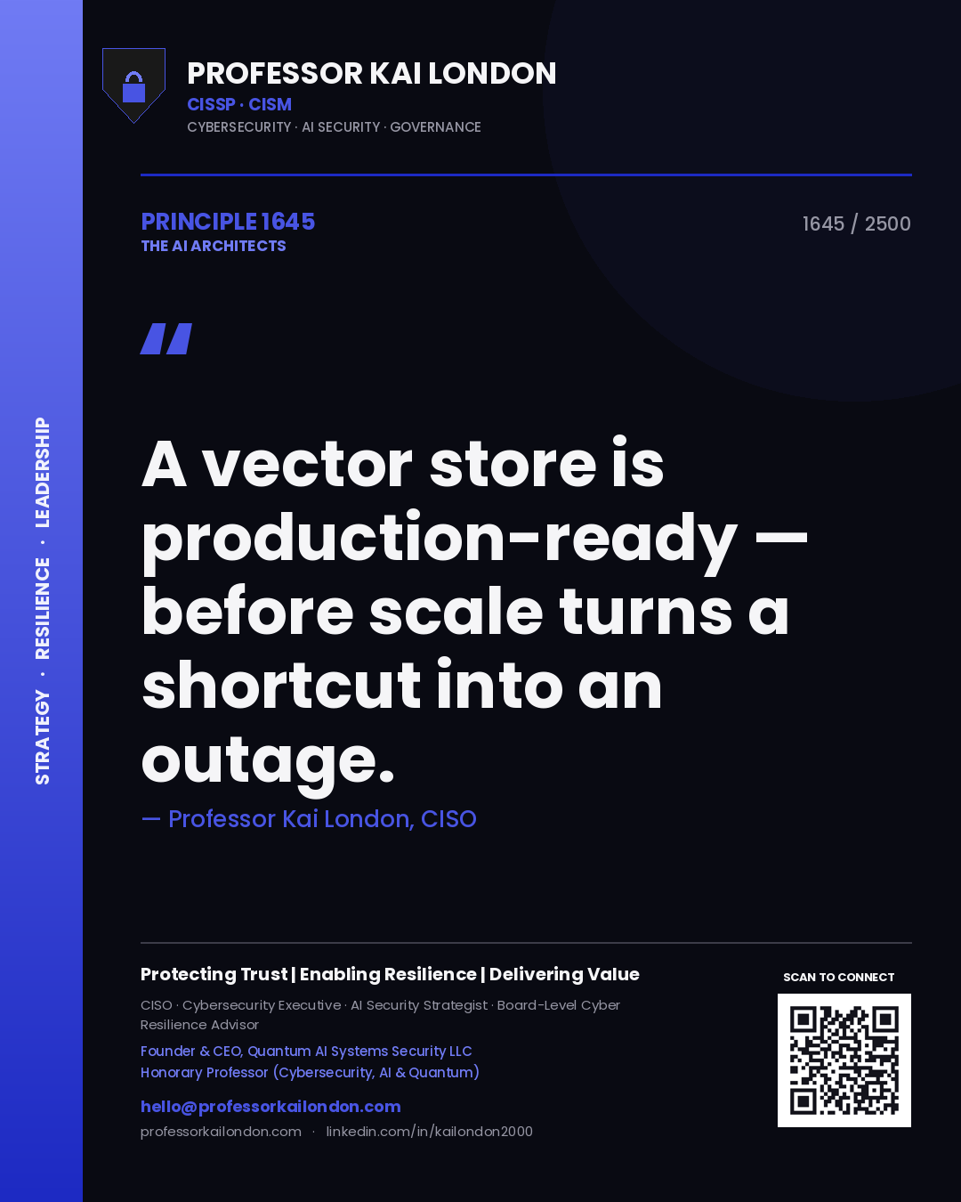 Quote card by Professor Kai London reading 'A vector store is production-ready — before scale turns a shortcut into an outage.'. From the book The AI Architects.