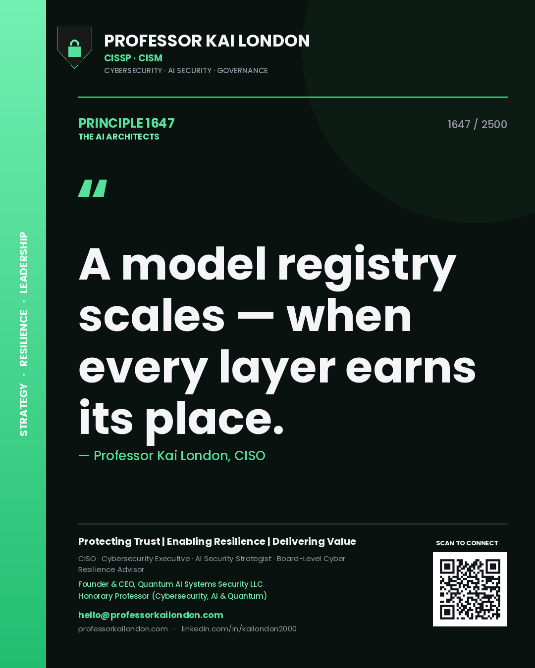 Quote card by Professor Kai London reading 'A model registry scales — when every layer earns its place.'. From the book The AI Architects.