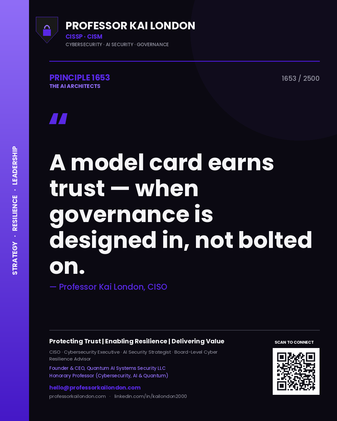 Quote card by Professor Kai London reading 'A model card earns trust — when governance is designed in, not bolted on.'. From the book The AI Architects.