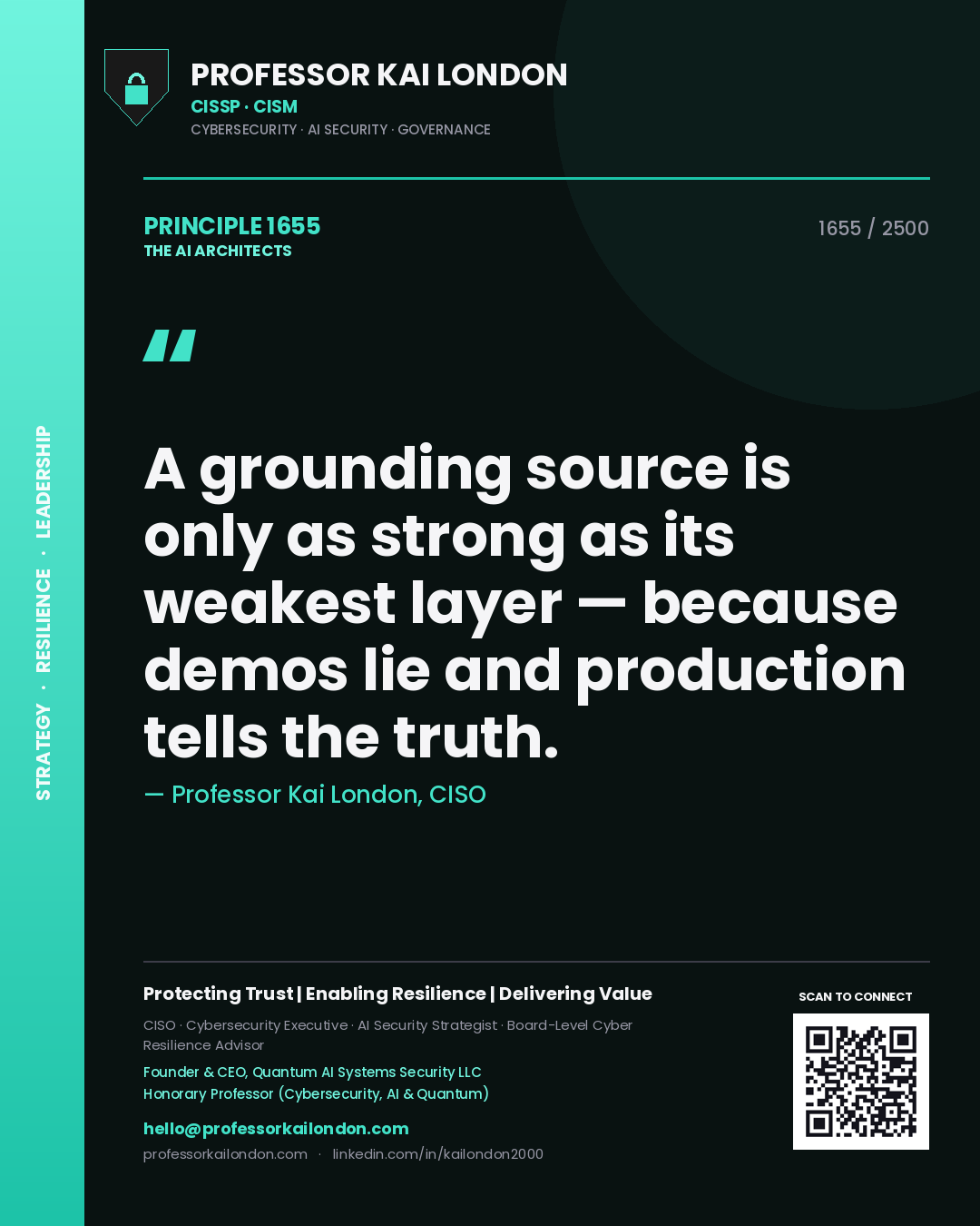Quote card by Professor Kai London reading 'A grounding source is only as strong as its weakest layer — because demos lie and production tells the truth.'. From the book The AI Architects.