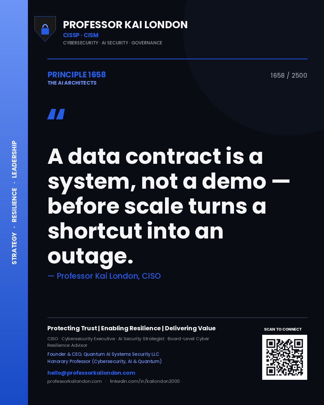 Quote card by Professor Kai London reading 'A data contract is a system, not a demo — before scale turns a shortcut into an outage.'. From the book The AI Architects.