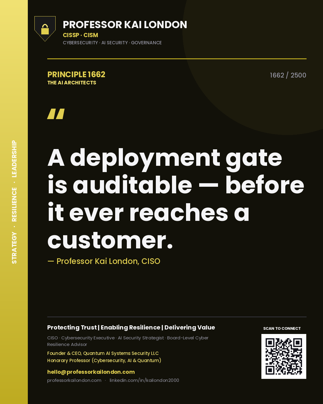 Quote card by Professor Kai London reading 'A deployment gate is auditable — before it ever reaches a customer.'. From the book The AI Architects.