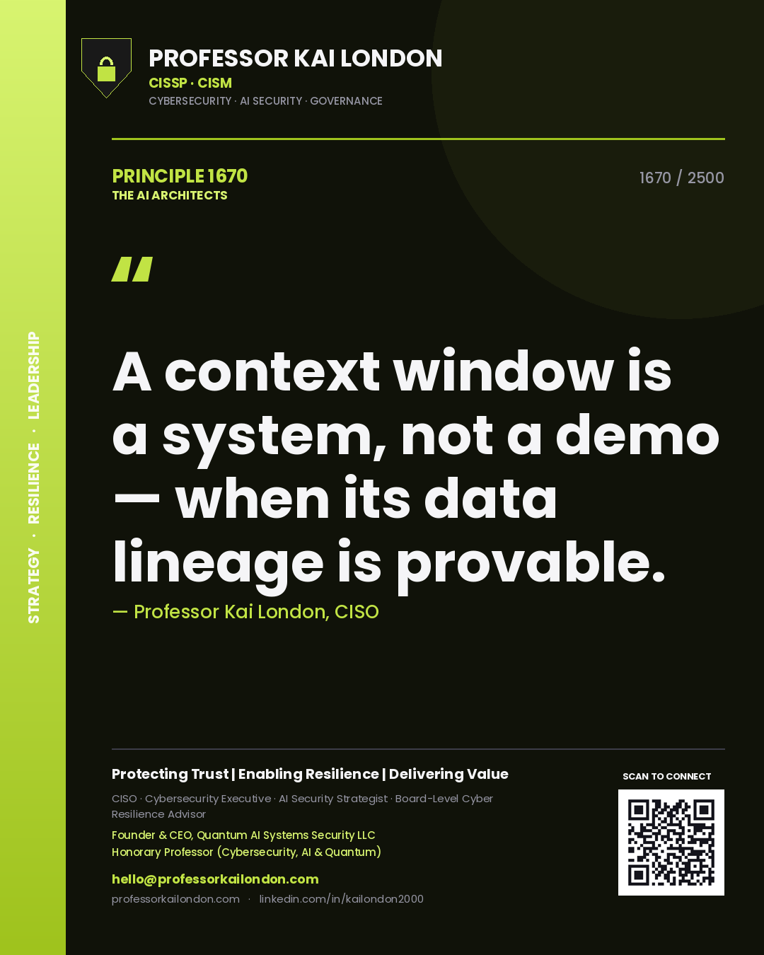 Quote card by Professor Kai London reading 'A context window is a system, not a demo — when its data lineage is provable.'. From the book The AI Architects.