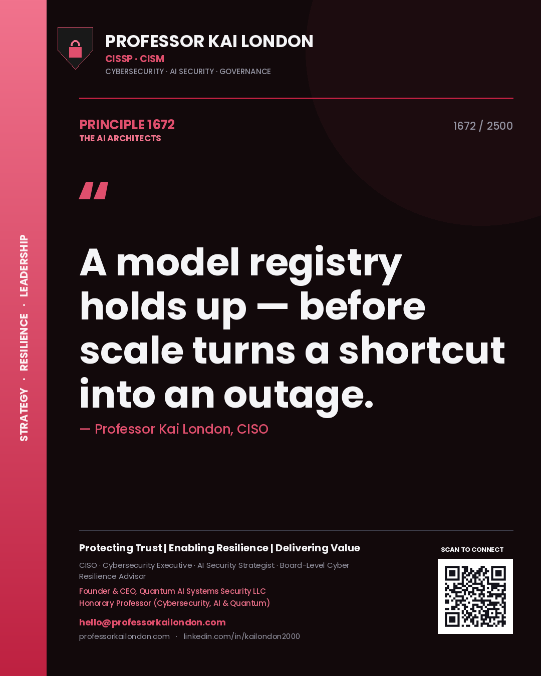 Quote card by Professor Kai London reading 'A model registry holds up — before scale turns a shortcut into an outage.'. From the book The AI Architects.