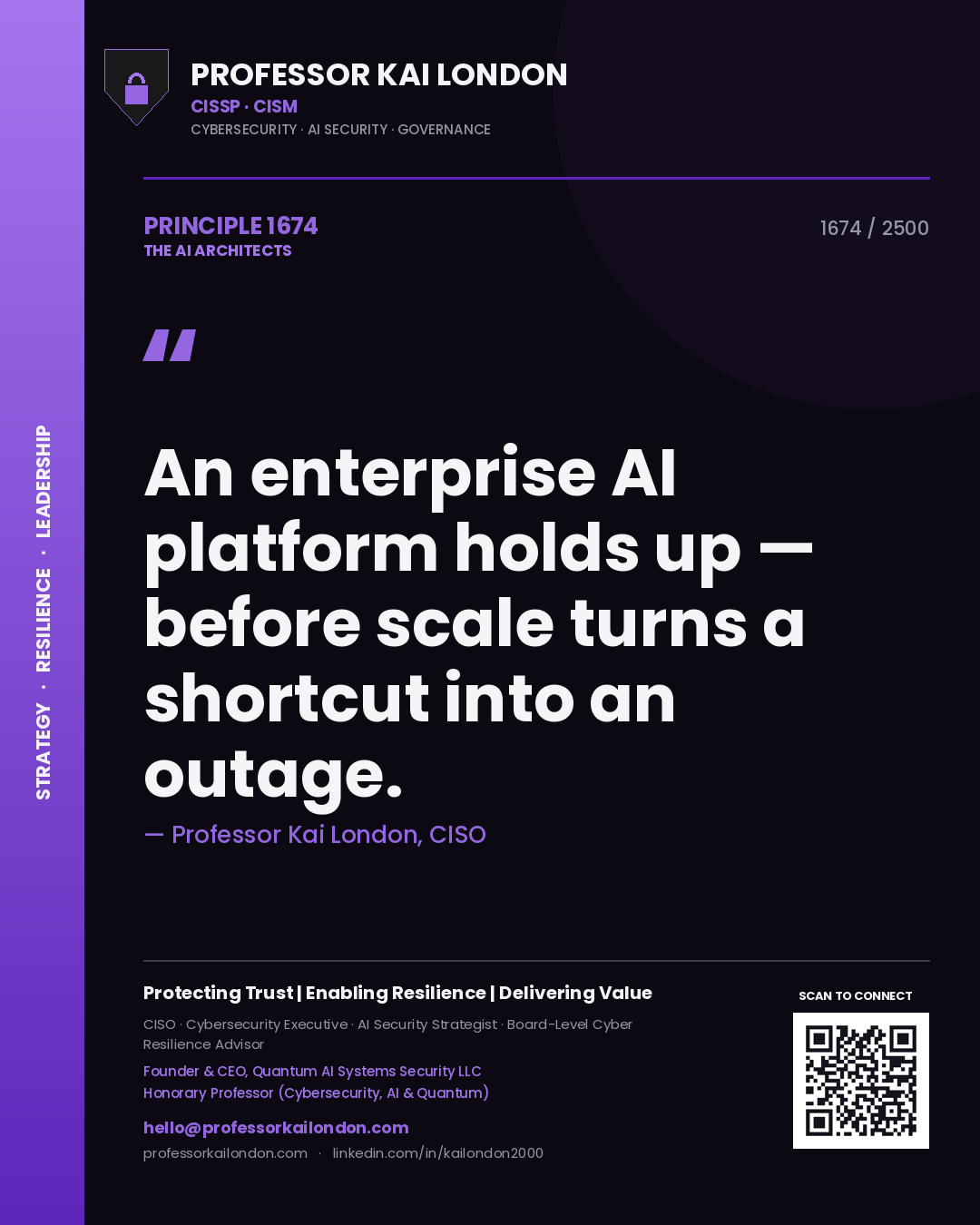 Quote card by Professor Kai London reading 'An enterprise AI platform holds up — before scale turns a shortcut into an outage.'. From the book The AI Architects.