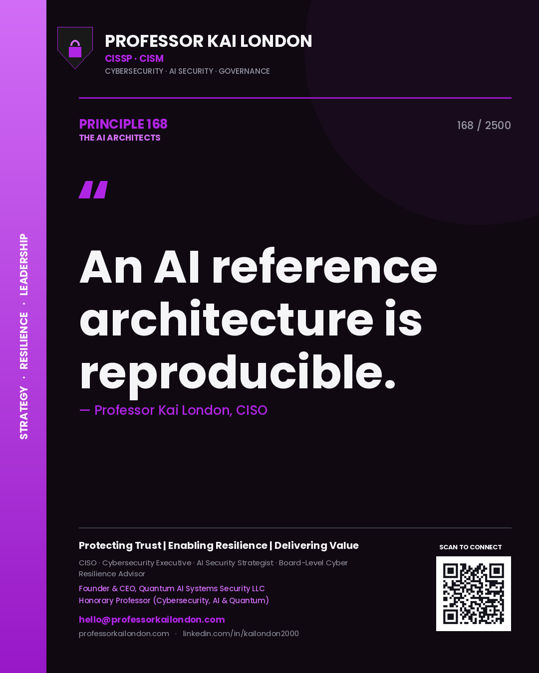Quote card by Professor Kai London reading 'An AI reference architecture is reproducible.'. From the book The AI Architects.