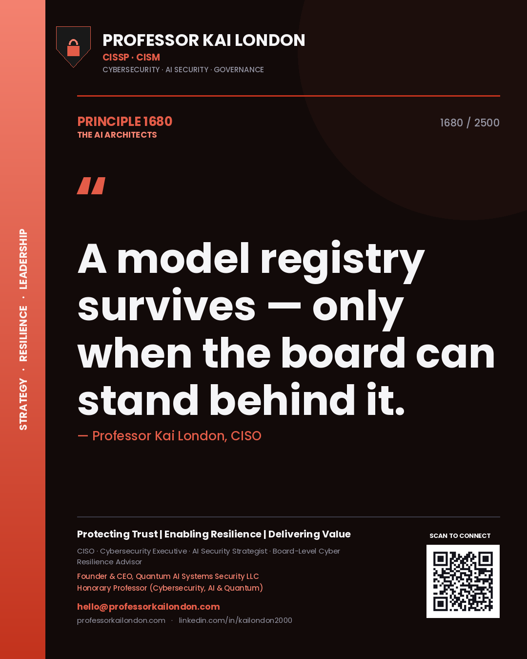 Quote card by Professor Kai London reading 'A model registry survives — only when the board can stand behind it.'. From the book The AI Architects.