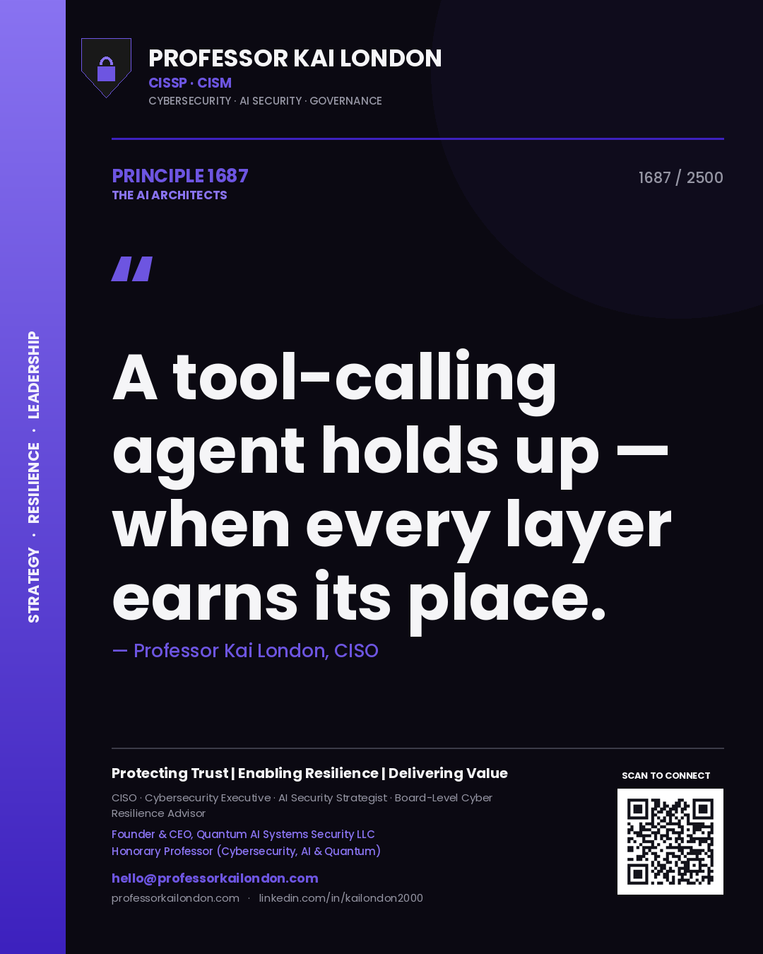 Quote card by Professor Kai London reading 'A tool-calling agent holds up — when every layer earns its place.'. From the book The AI Architects.