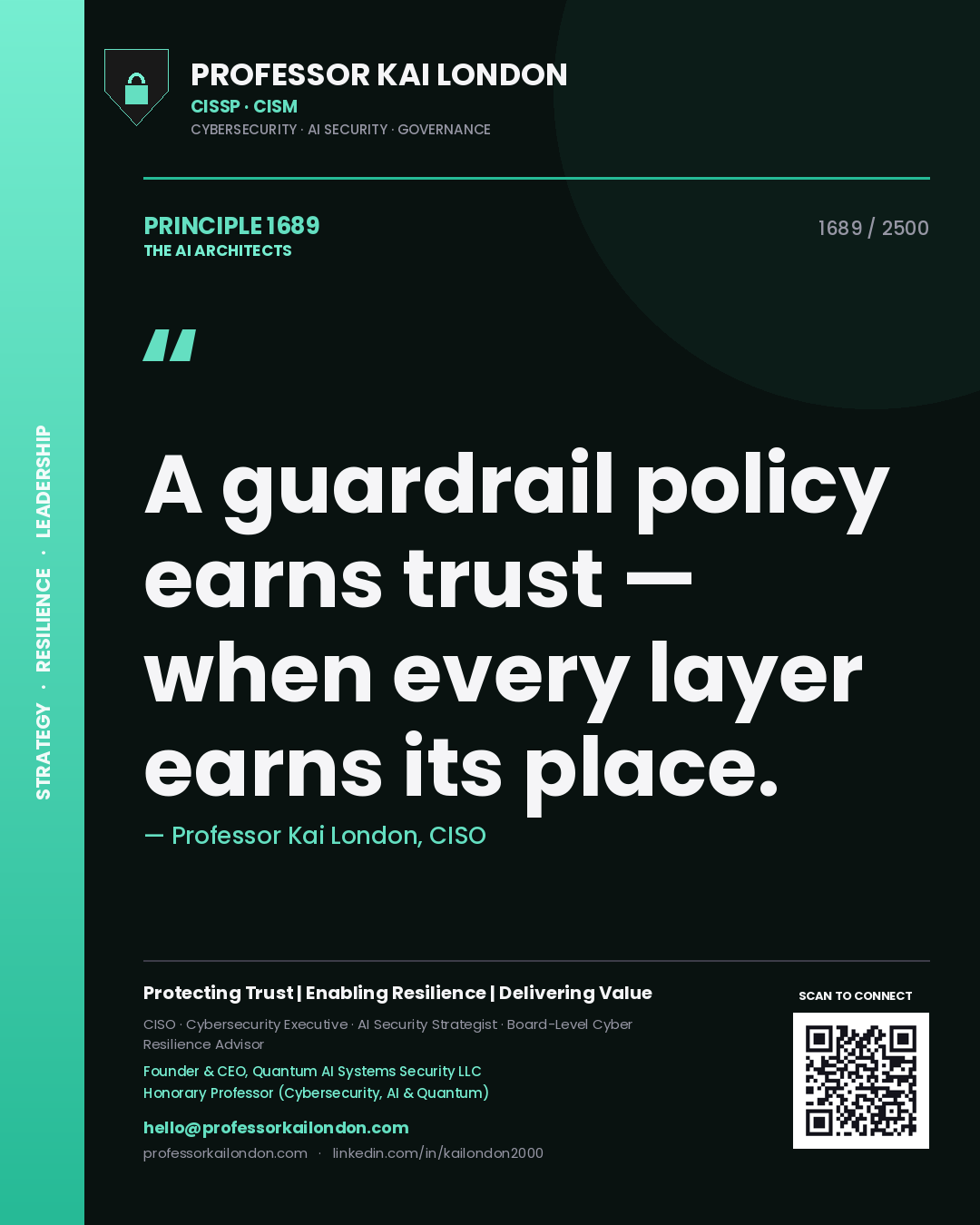 Quote card by Professor Kai London reading 'A guardrail policy earns trust — when every layer earns its place.'. From the book The AI Architects.