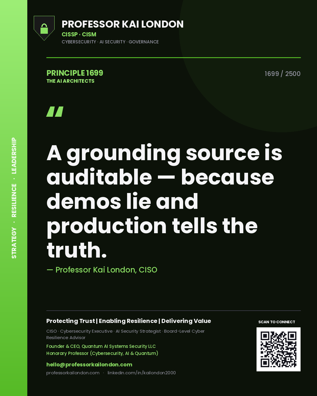 Quote card by Professor Kai London reading 'A grounding source is auditable — because demos lie and production tells the truth.'. From the book The AI Architects.