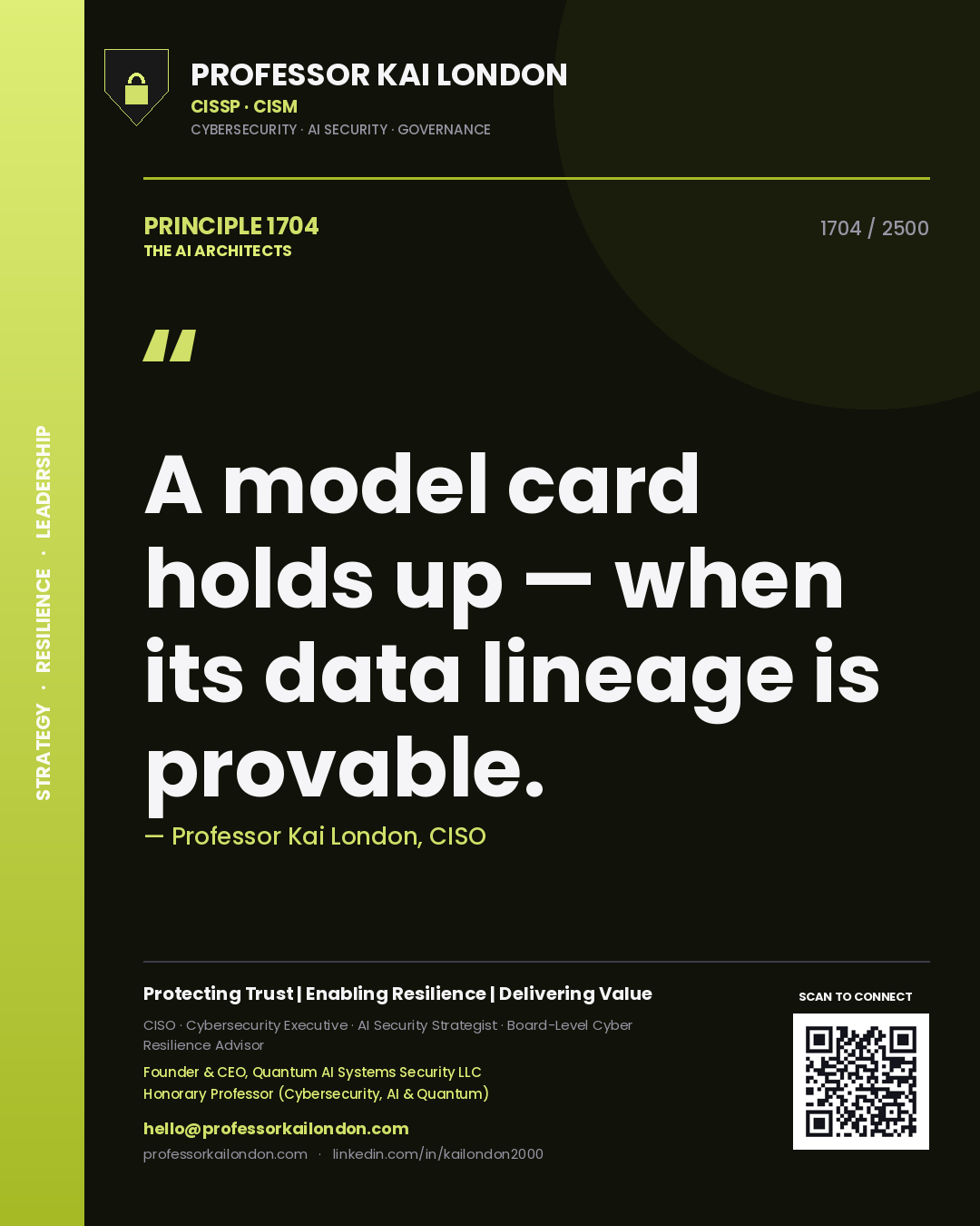 Professor Kai London principle 1704: A model card holds up — when its data lineage is provable.