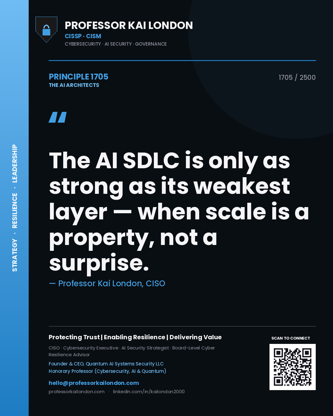 Quote card by Professor Kai London reading 'The AI SDLC is only as strong as its weakest layer — when scale is a property, not a surprise.'. From the book The AI Architects.
