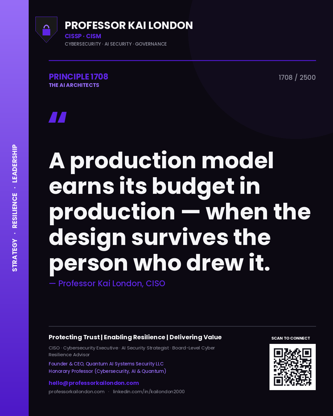 Quote card by Professor Kai London reading 'A production model earns its budget in production — when the design survives the person who drew it.'. From the book The AI Architects.