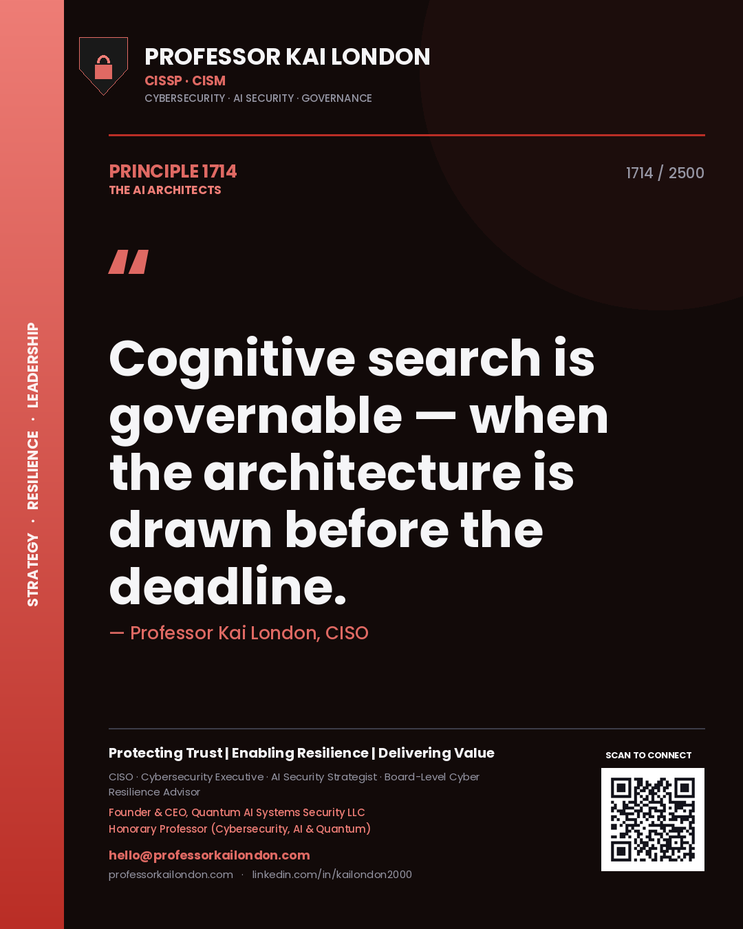 Quote card by Professor Kai London reading 'Cognitive search is governable — when the architecture is drawn before the deadline.'. From the book The AI Architects.