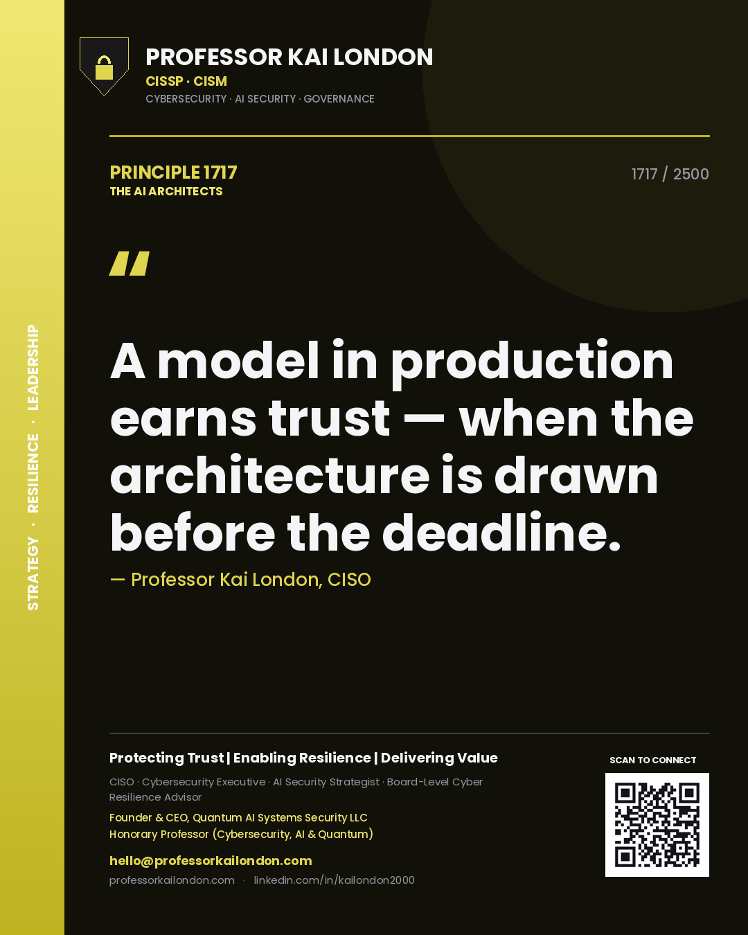 Quote card by Professor Kai London reading 'A model in production earns trust — when the architecture is drawn before the deadline.'. From the book The AI Architects.