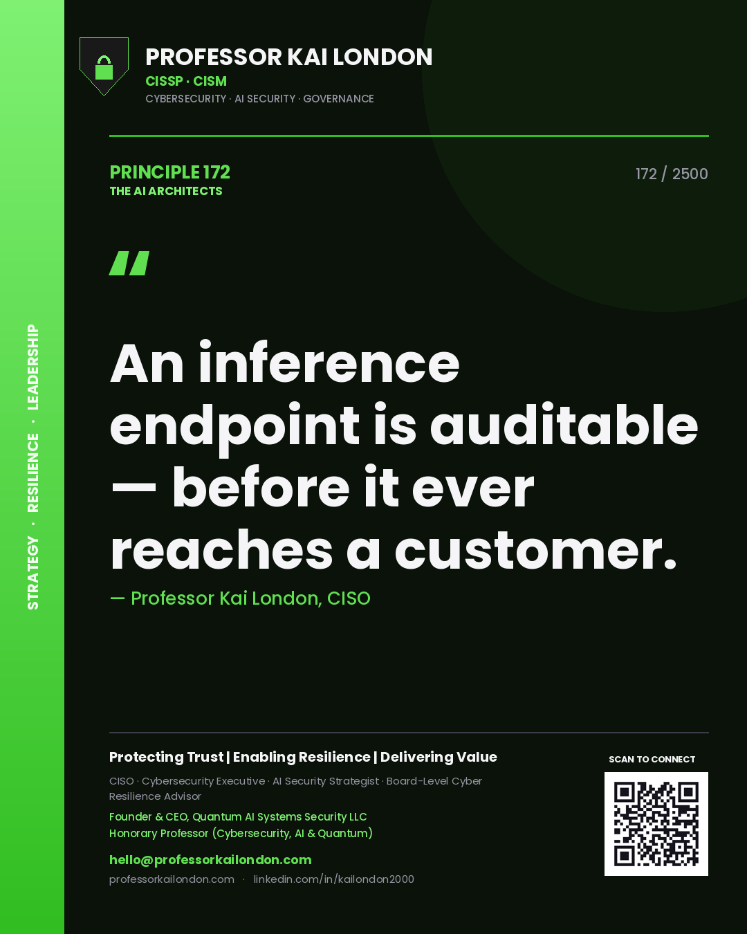 Quote card by Professor Kai London reading 'An inference endpoint is auditable — before it ever reaches a customer.'. From the book The AI Architects.