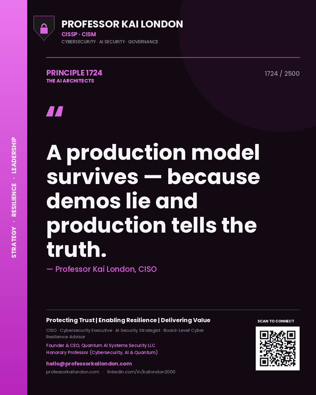 Quote card by Professor Kai London reading 'A production model survives — because demos lie and production tells the truth.'. From the book The AI Architects.