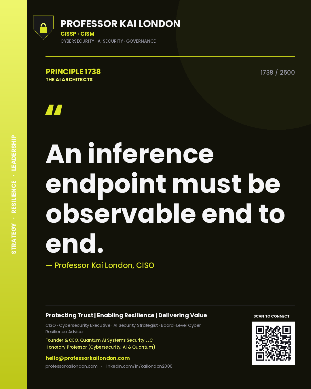 Quote card by Professor Kai London reading 'An inference endpoint must be observable end to end.'. From the book The AI Architects.