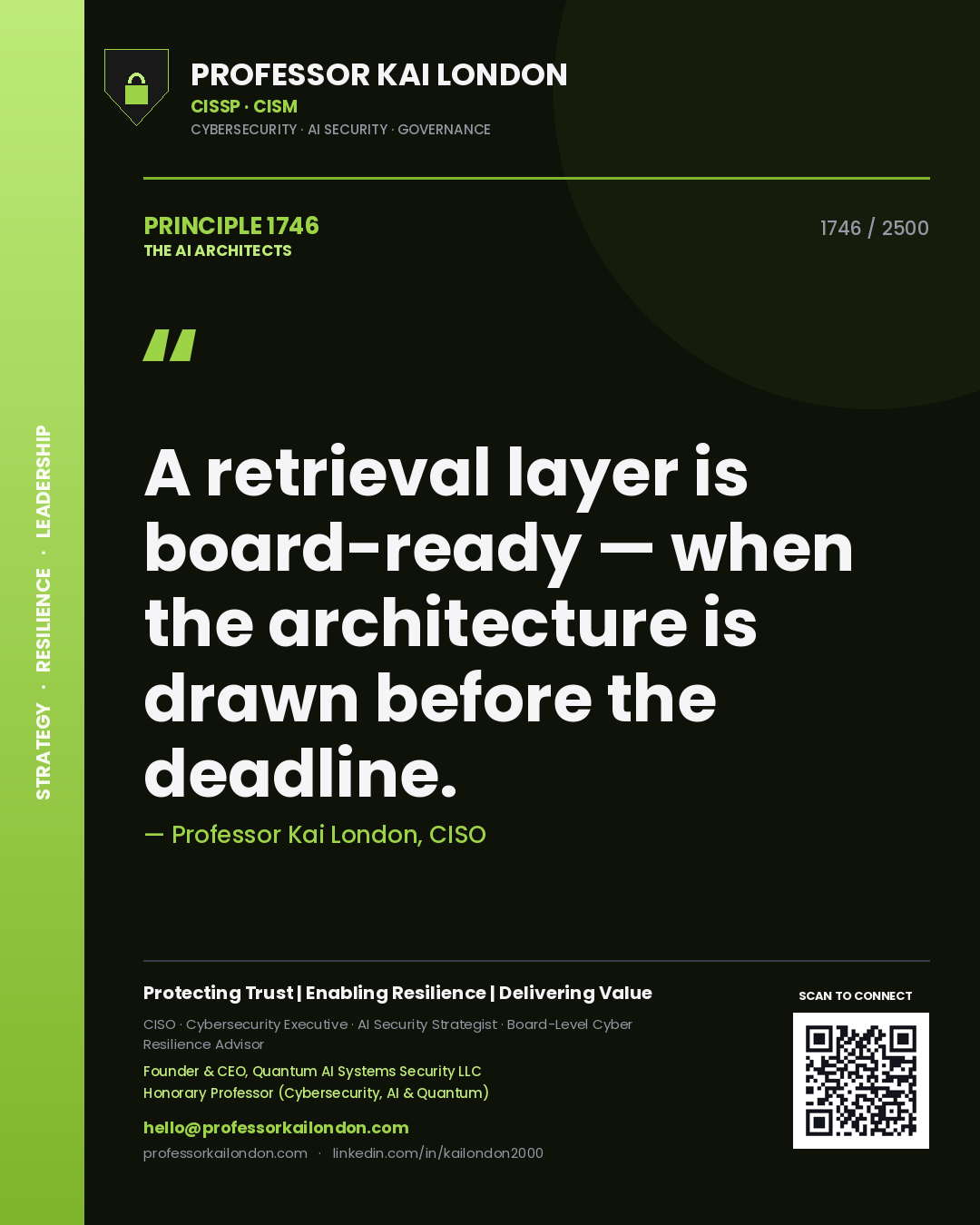 Quote card by Professor Kai London reading 'A retrieval layer is board-ready — when the architecture is drawn before the deadline.'. From the book The AI Architects.