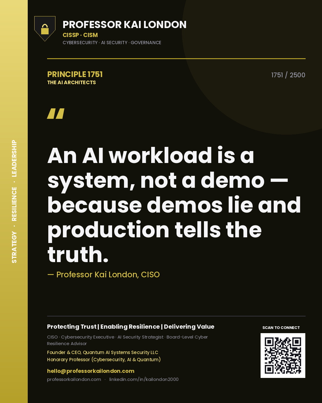 Quote card by Professor Kai London reading 'An AI workload is a system, not a demo — because demos lie and production tells the truth.'. From the book The AI Architects.
