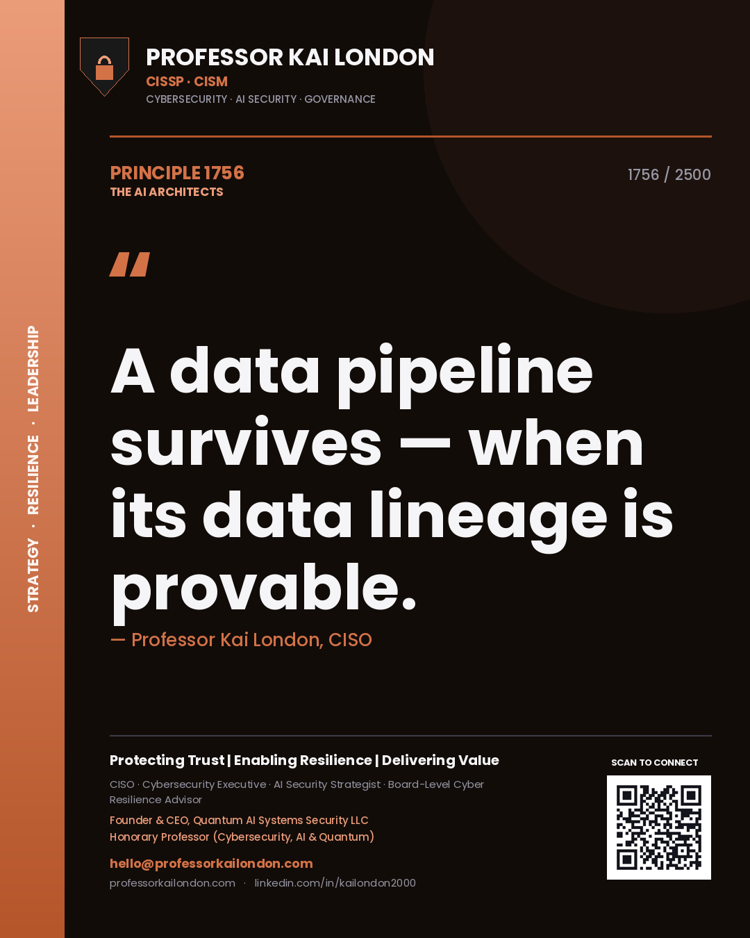 Quote card by Professor Kai London reading 'A data pipeline survives — when its data lineage is provable.'. From the book The AI Architects.