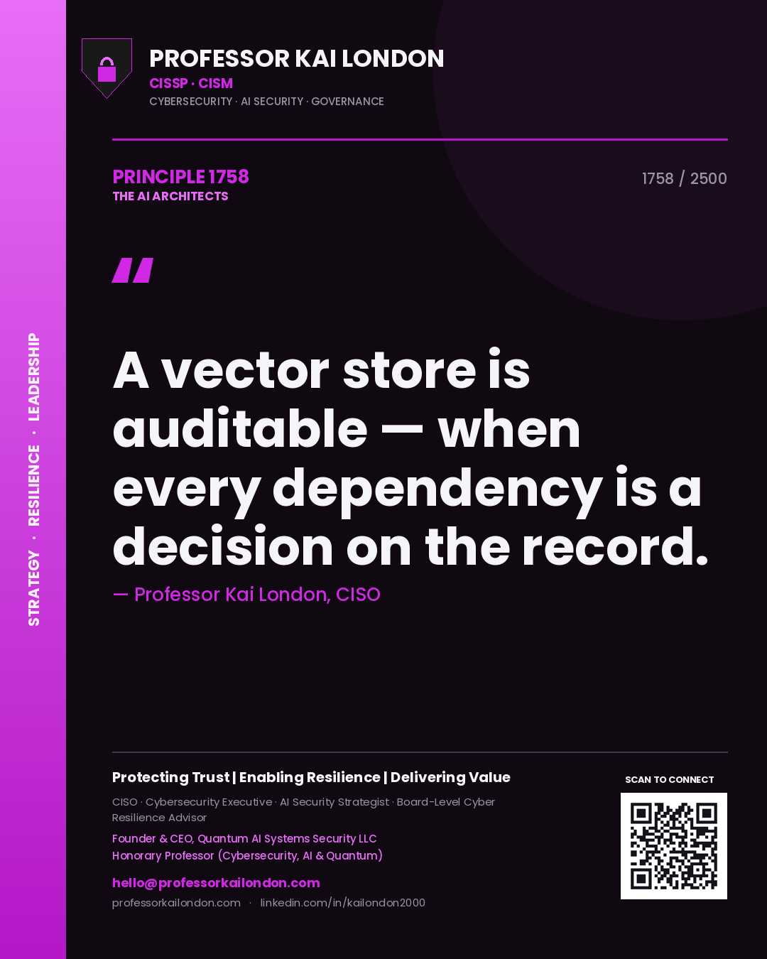 Quote card by Professor Kai London reading 'A vector store is auditable — when every dependency is a decision on the record.'. From the book The AI Architects.