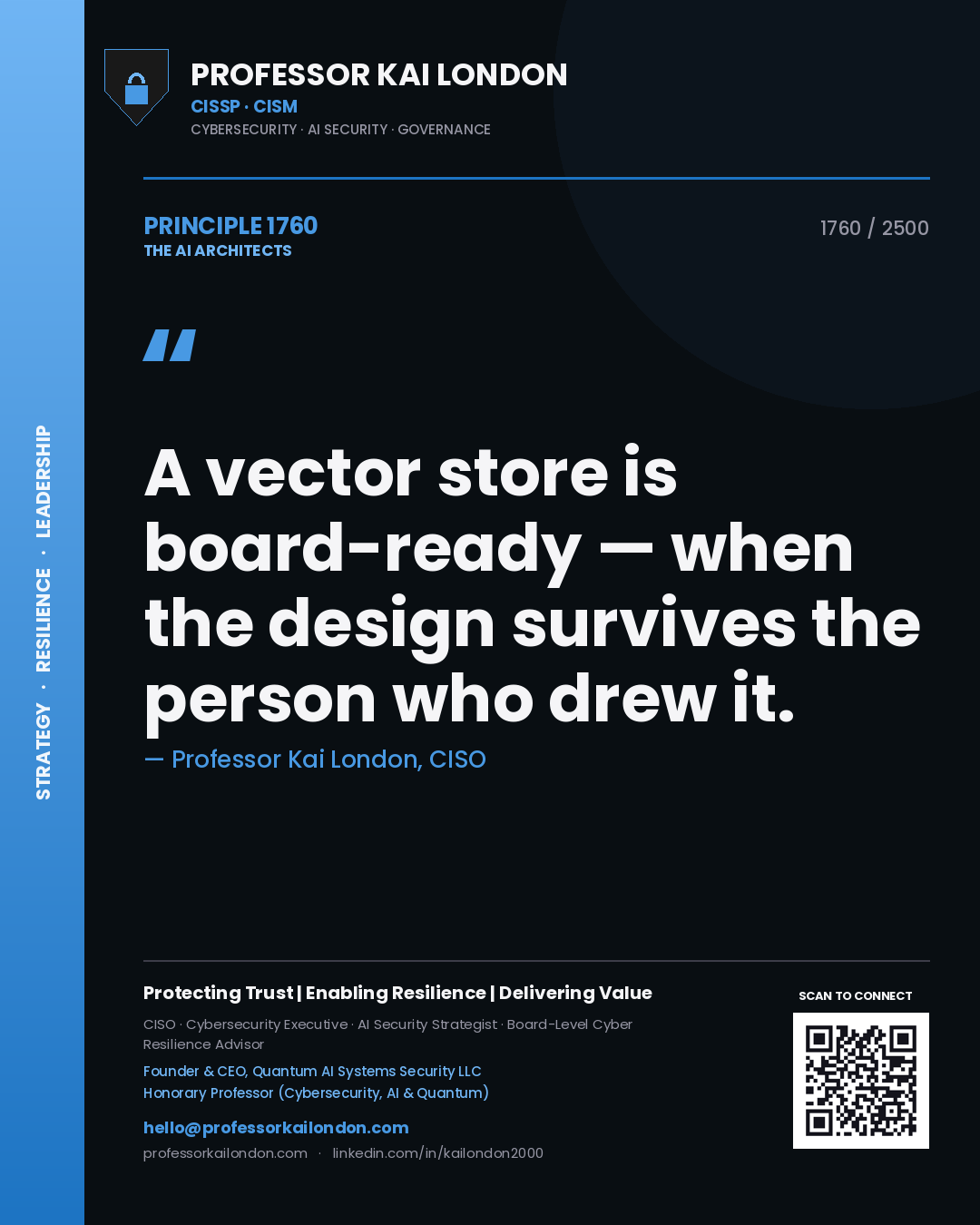 Quote card by Professor Kai London reading 'A vector store is board-ready — when the design survives the person who drew it.'. From the book The AI Architects.