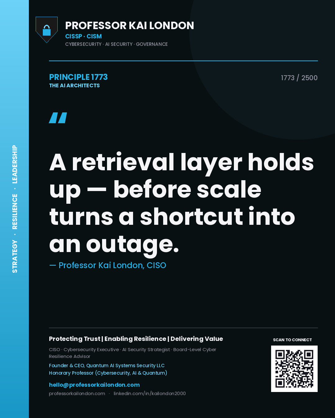 Quote card by Professor Kai London reading 'A retrieval layer holds up — before scale turns a shortcut into an outage.'. From the book The AI Architects.