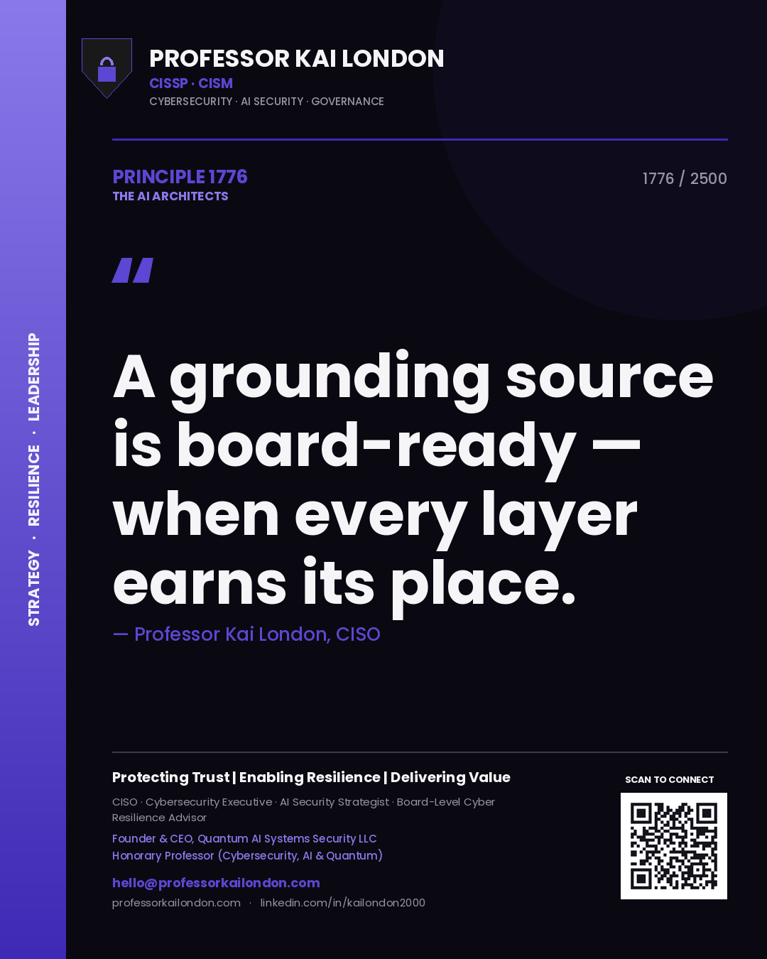 Quote card by Professor Kai London reading 'A grounding source is board-ready — when every layer earns its place.'. From the book The AI Architects.