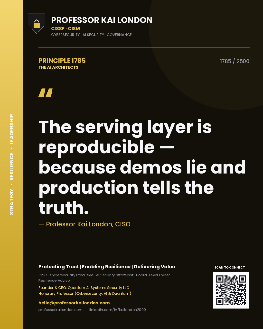 Quote card by Professor Kai London reading 'The serving layer is reproducible — because demos lie and production tells the truth.'. From the book The AI Architects.