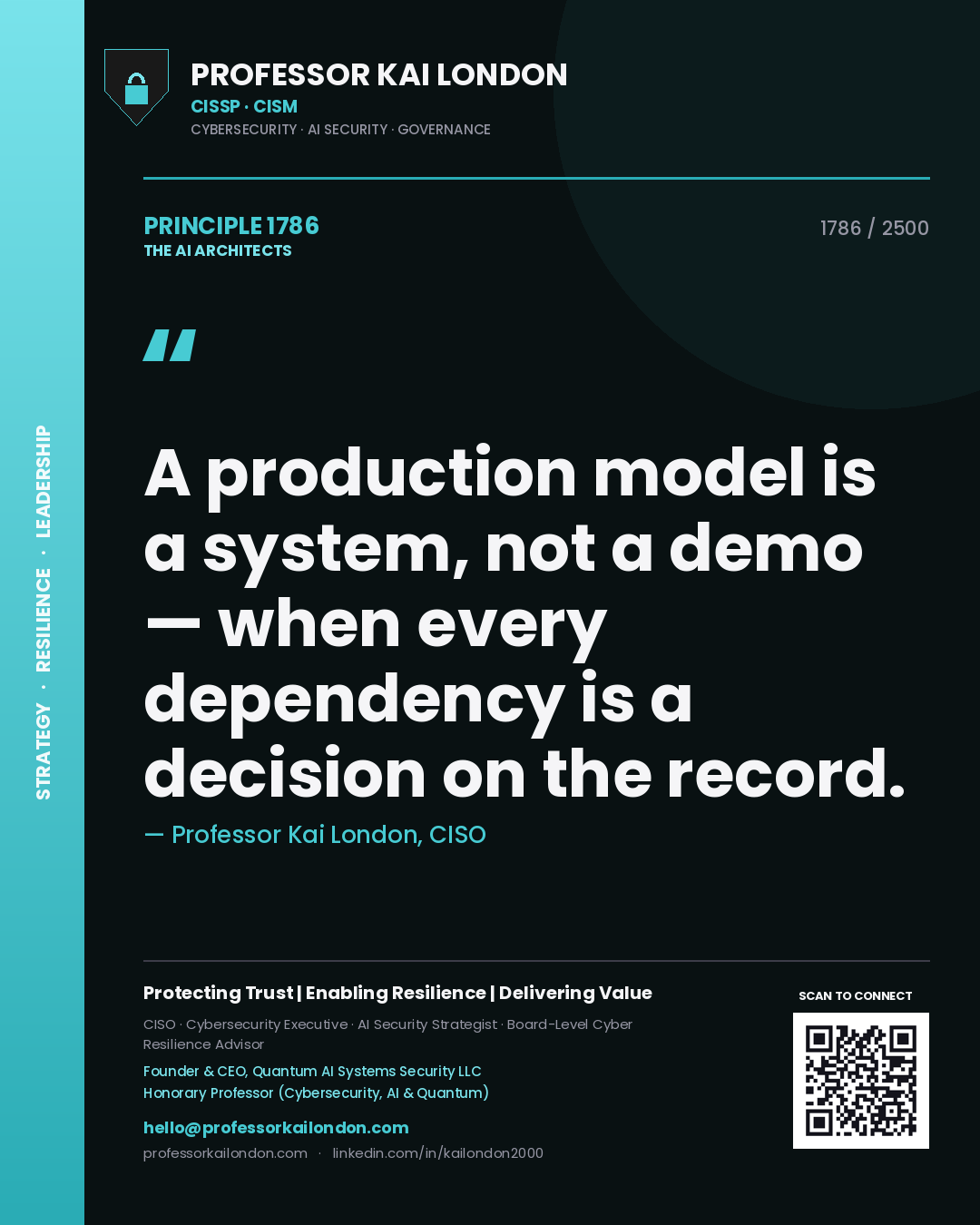 Professor Kai London principle 1786: A production model is a system, not a demo — when every dependency is a decision on the record.