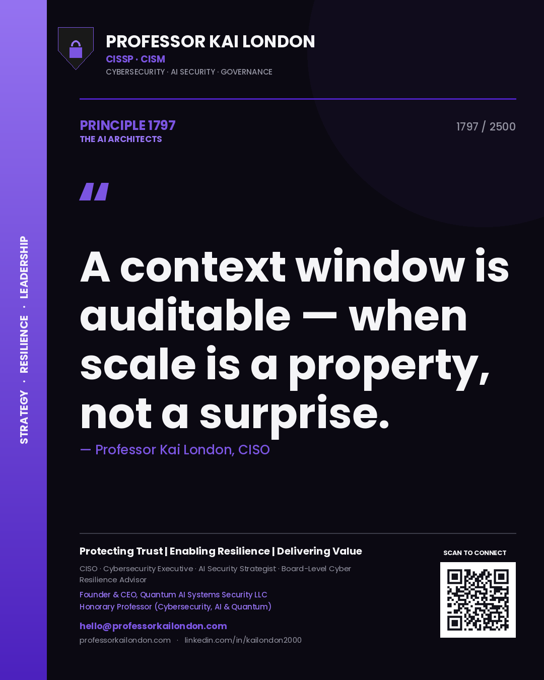 Quote card by Professor Kai London reading 'A context window is auditable — when scale is a property, not a surprise.'. From the book The AI Architects.