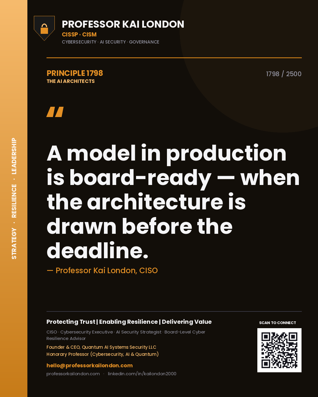 Quote card by Professor Kai London reading 'A model in production is board-ready — when the architecture is drawn before the deadline.'. From the book The AI Architects.
