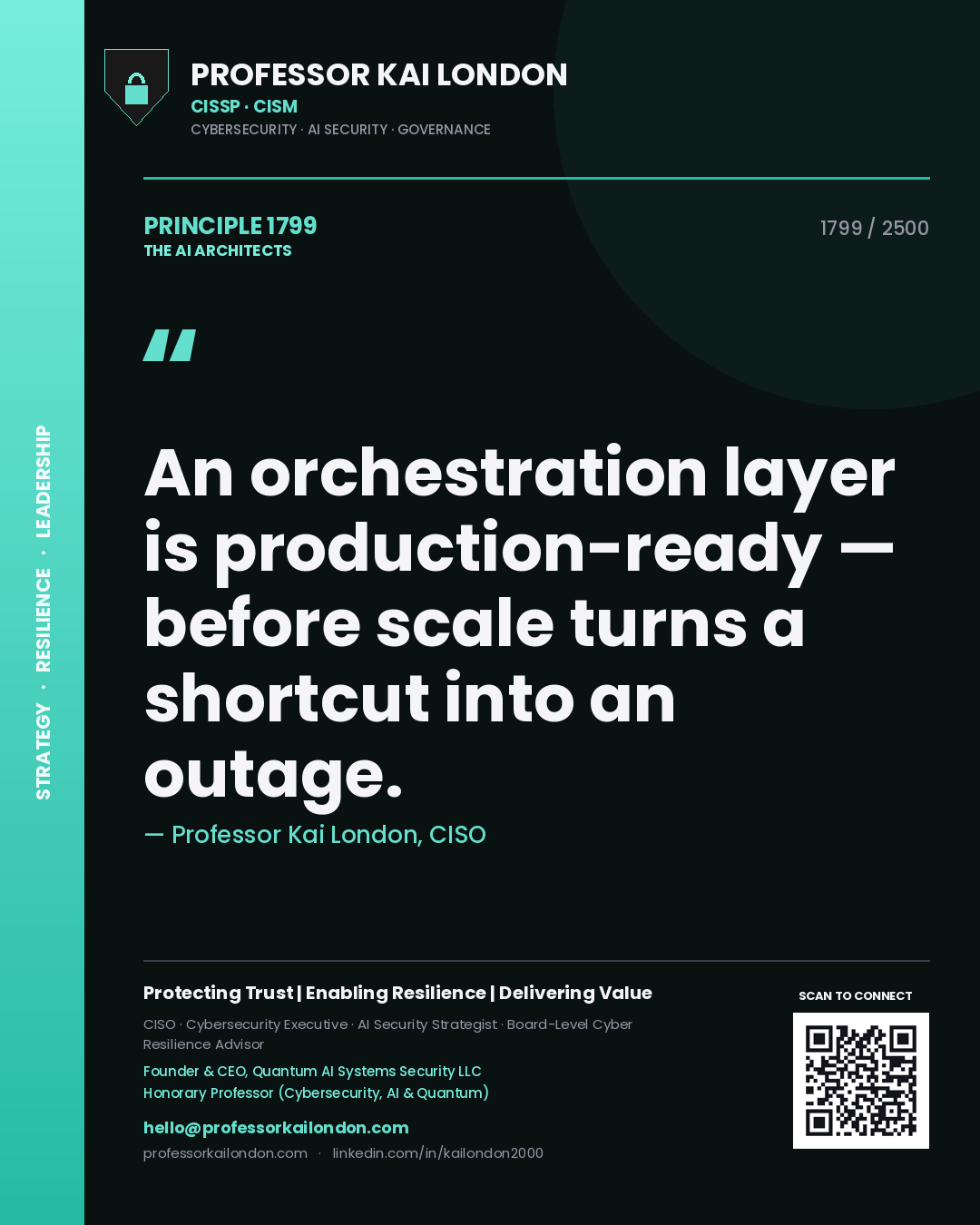 Quote card by Professor Kai London reading 'An orchestration layer is production-ready — before scale turns a shortcut into an outage.'. From the book The AI Architects.