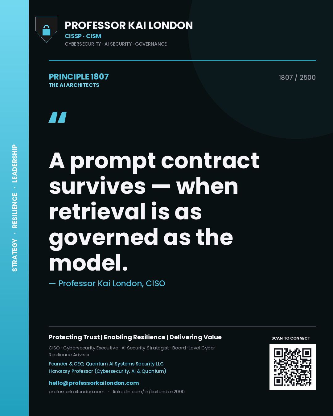 Quote card by Professor Kai London reading 'A prompt contract survives — when retrieval is as governed as the model.'. From the book The AI Architects.