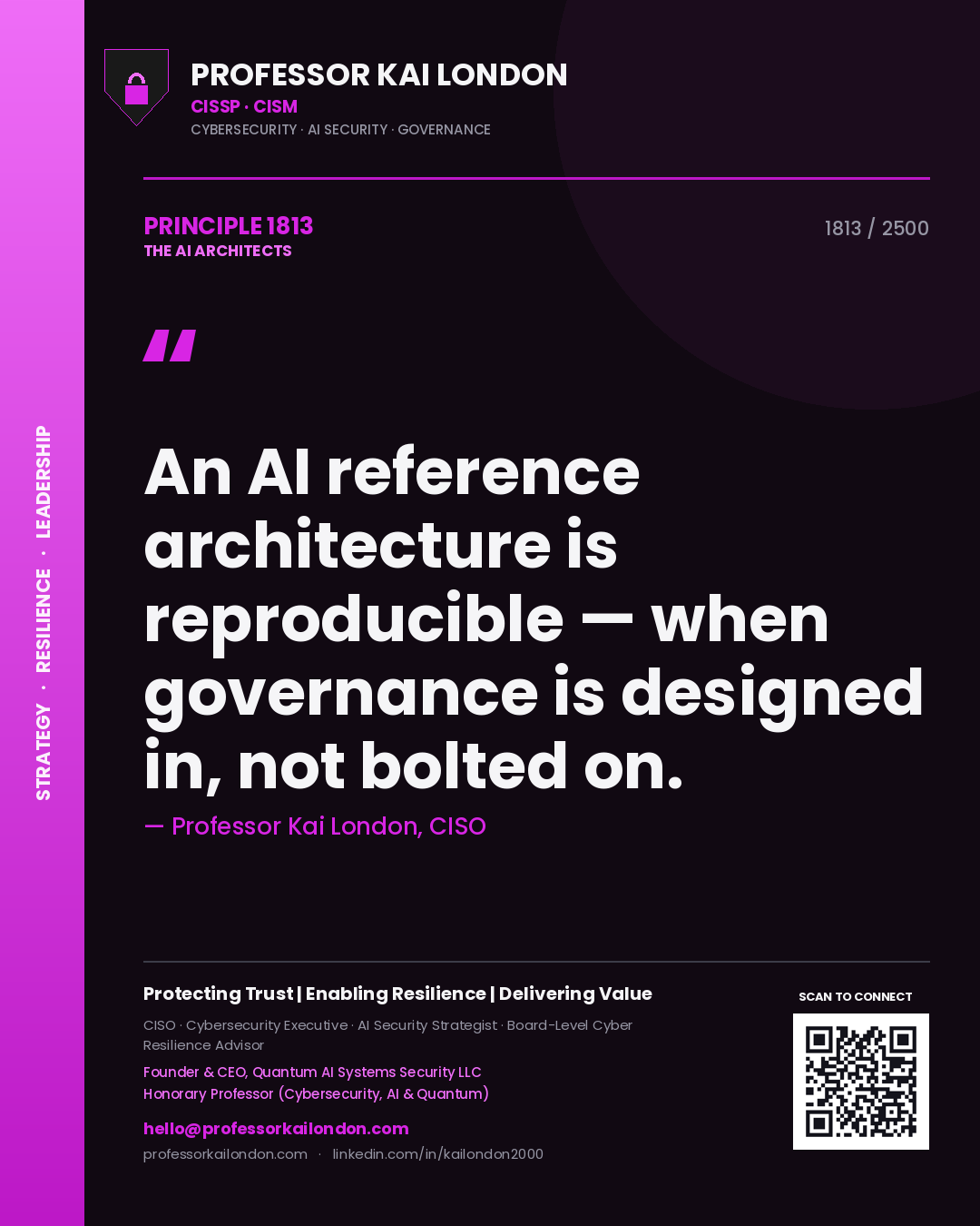 Quote card by Professor Kai London reading 'An AI reference architecture is reproducible — when governance is designed in, not bolted on.'. From the book The AI Architects.