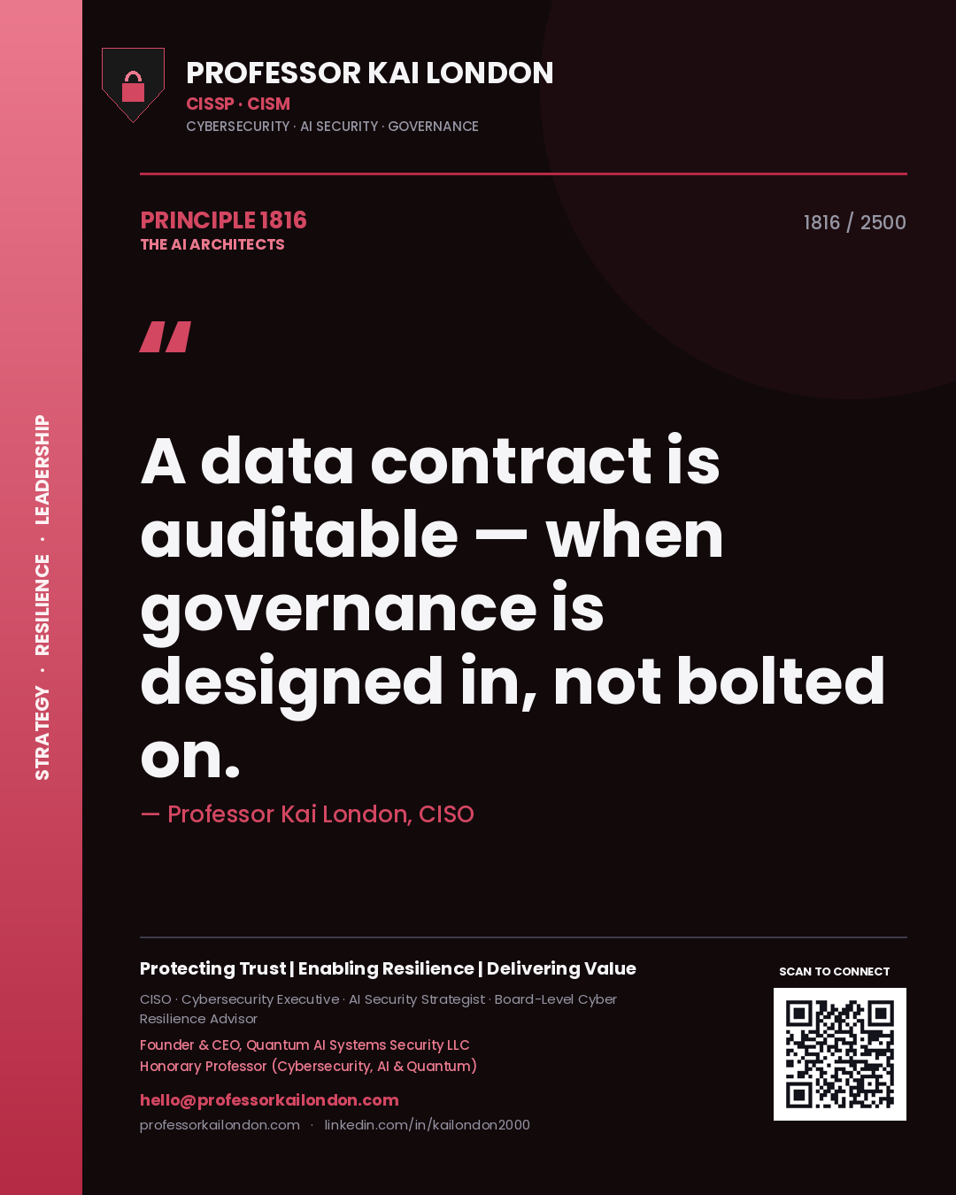 Quote card by Professor Kai London reading 'A data contract is auditable — when governance is designed in, not bolted on.'. From the book The AI Architects.