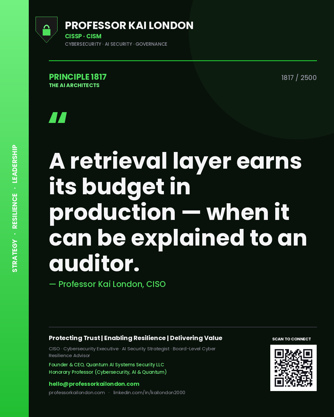 Quote card by Professor Kai London reading 'A retrieval layer earns its budget in production — when it can be explained to an auditor.'. From the book The AI Architects.