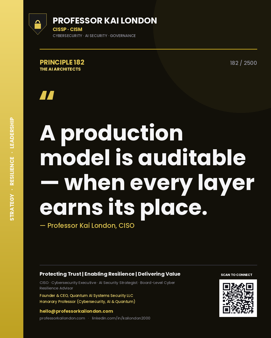 Quote card by Professor Kai London reading 'A production model is auditable — when every layer earns its place.'. From the book The AI Architects.