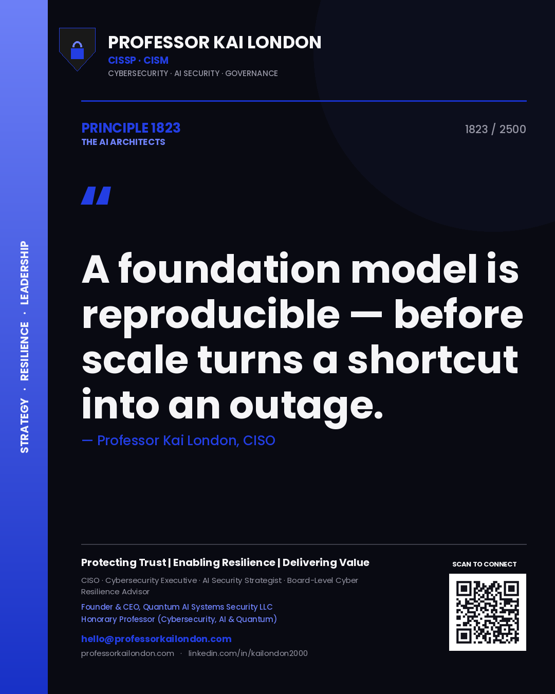 Quote card by Professor Kai London reading 'A foundation model is reproducible — before scale turns a shortcut into an outage.'. From the book The AI Architects.