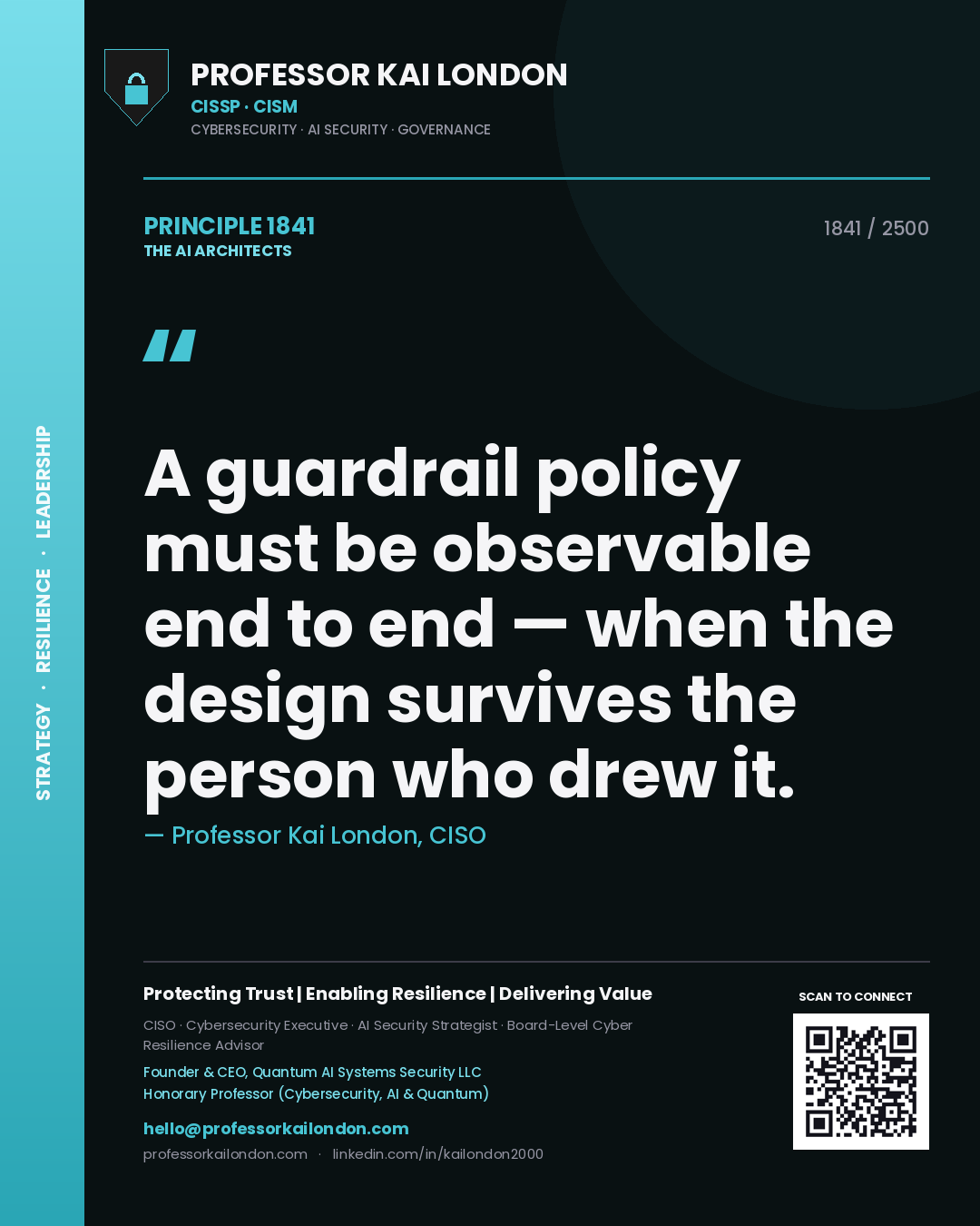 Quote card by Professor Kai London reading 'A guardrail policy must be observable end to end — when the design survives the person who drew it.'. From the book The AI Architects.