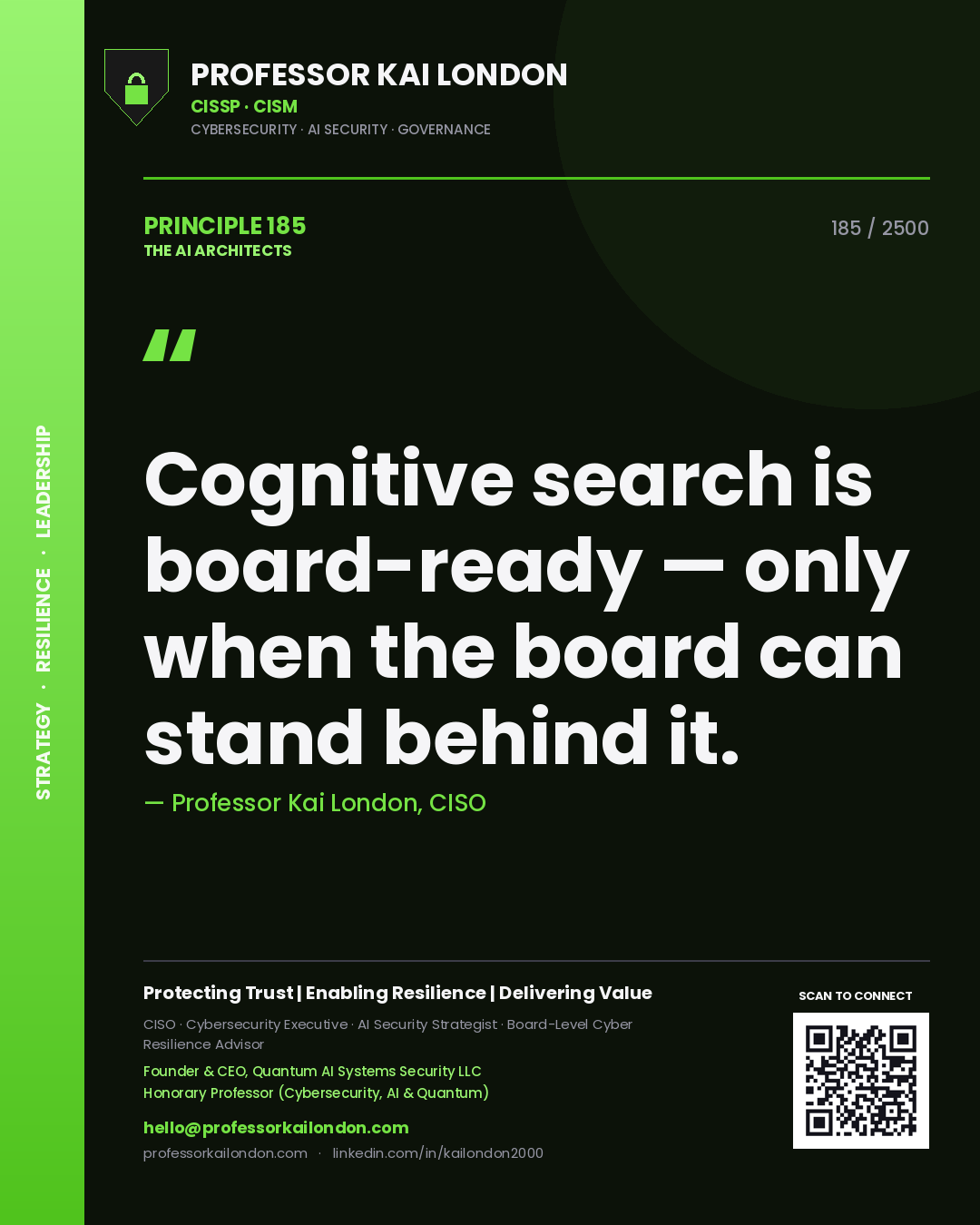 Quote card by Professor Kai London reading 'Cognitive search is board-ready — only when the board can stand behind it.'. From the book The AI Architects.