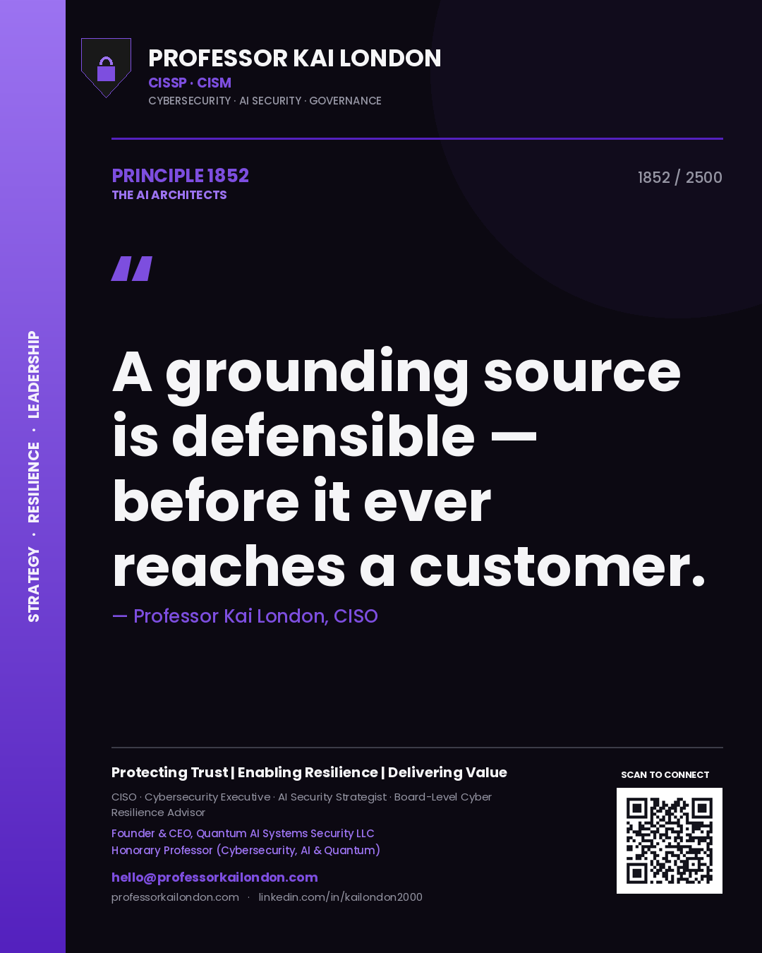 Quote card by Professor Kai London reading 'A grounding source is defensible — before it ever reaches a customer.'. From the book The AI Architects.